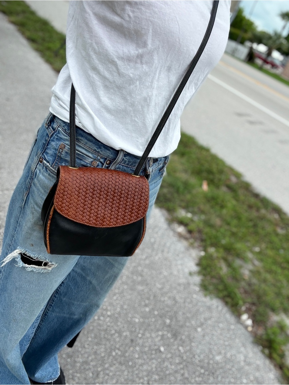 Woven Flap Crossbody leather Bag - Black & Brown
